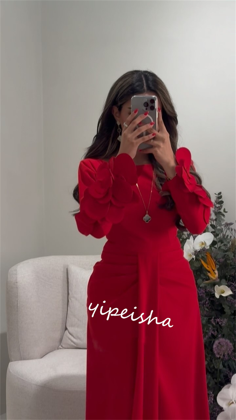 Customized    Satin Flower Birthday A-line O-Neck Bespoke Occasion Gown Midi es Saudi Arabia  