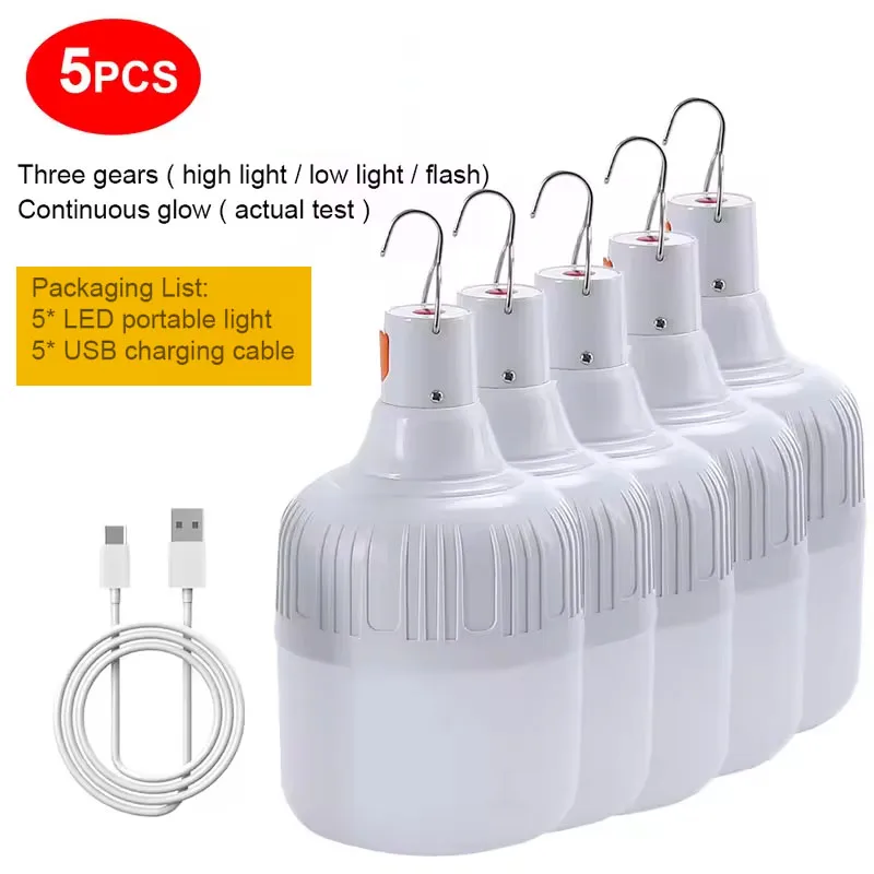 Luz de brillo portátil recargable para acampar, bombilla LED regulable, luz impermeable para tienda de campaña al aire libre, luz nocturna de emergencia con gancho
