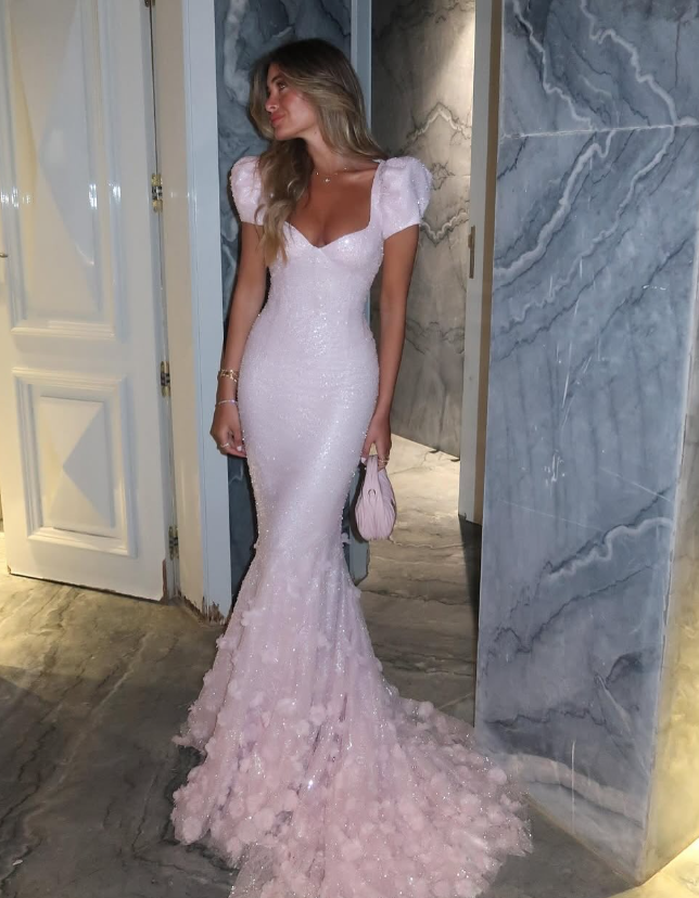 Personalizado de alta qualidade com decote em v até o chão rosa apliques mangas curtas sem costas sereia فساتVestidos De Gala