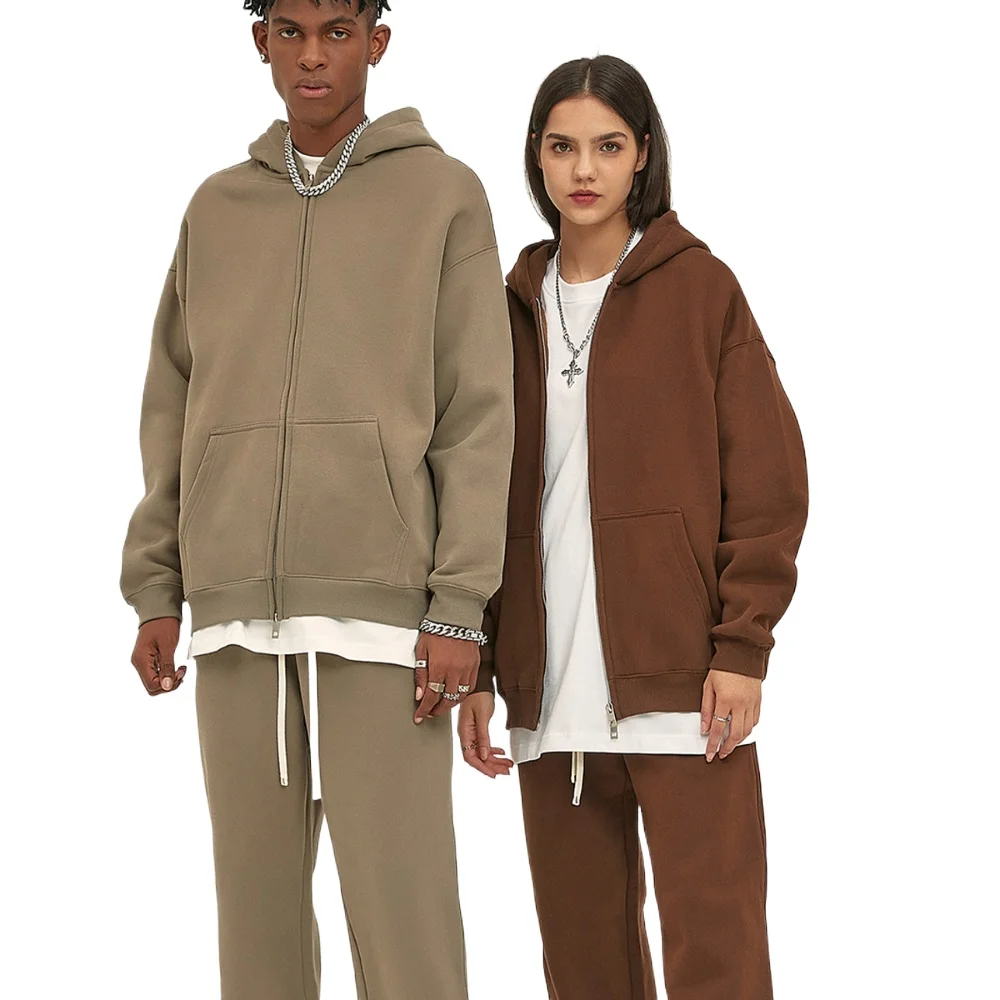 Logotipo personalizado Otoño e Invierno nuevo producto terciopelo grueso 350g suéter con cremallera de alta calidad pantalones hombres y mujeres traje de pareja