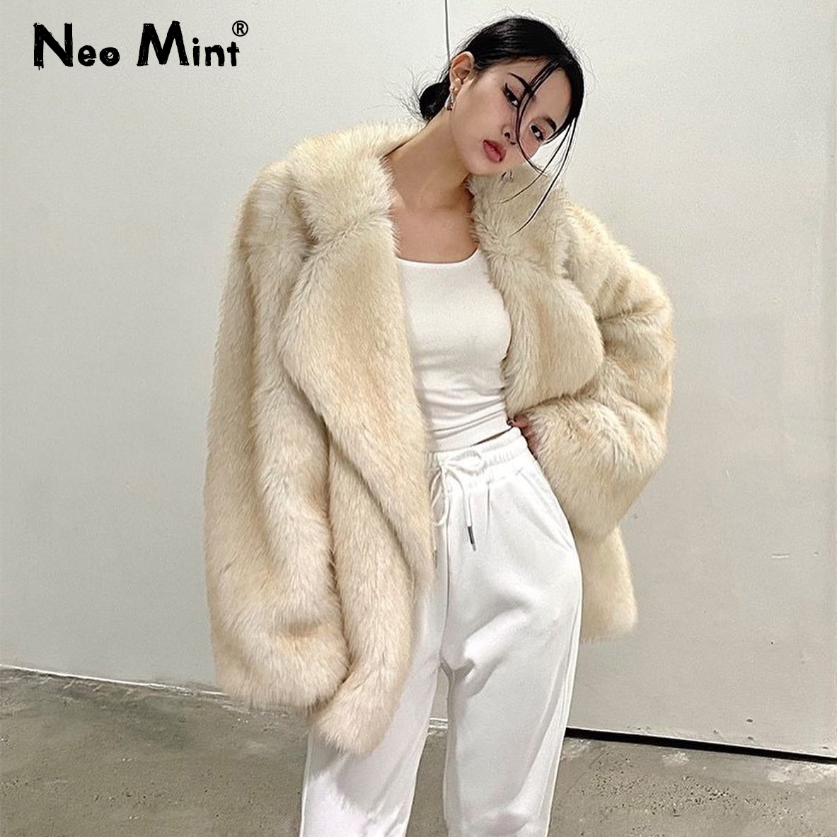 Neo Mint Luksusowa Marka Kobiety Faux Fur Coat Animal Gradient Color 2024 Zimowy Luźny Oversize Długi Puszysty Płaszcz Odzież wierzchnia Kurtka