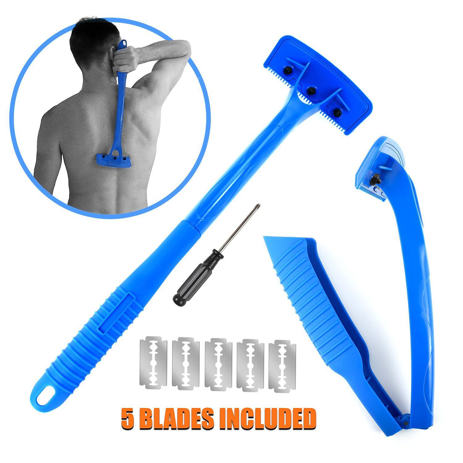 Back Shaver Shaving Knife Safety Long Handle Folding Body Back Hair Leg Back Razor Shaver Hair Removal Tool with Blades