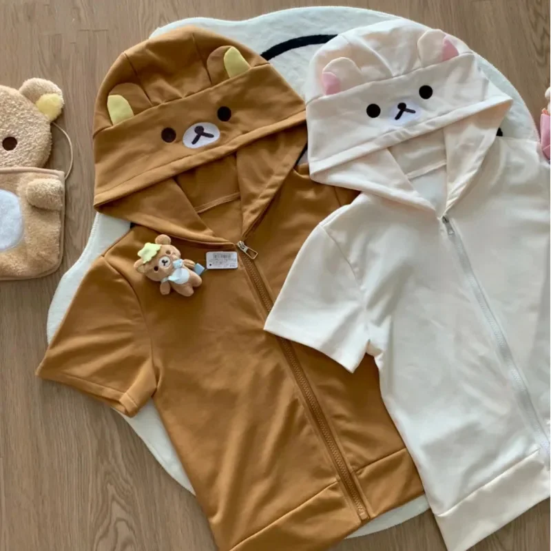 Estilo japonês rilakkuma moletom com capuz feminino bonito y2k harajuku fino ajuste jaqueta de manga comprida outono puro algodão moletom com zíper