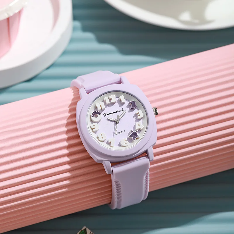 แฟชั่น 3D คํา Dial นาฬิกาผู้หญิง Candy สีซิลิโคนนาฬิกาสแควร์