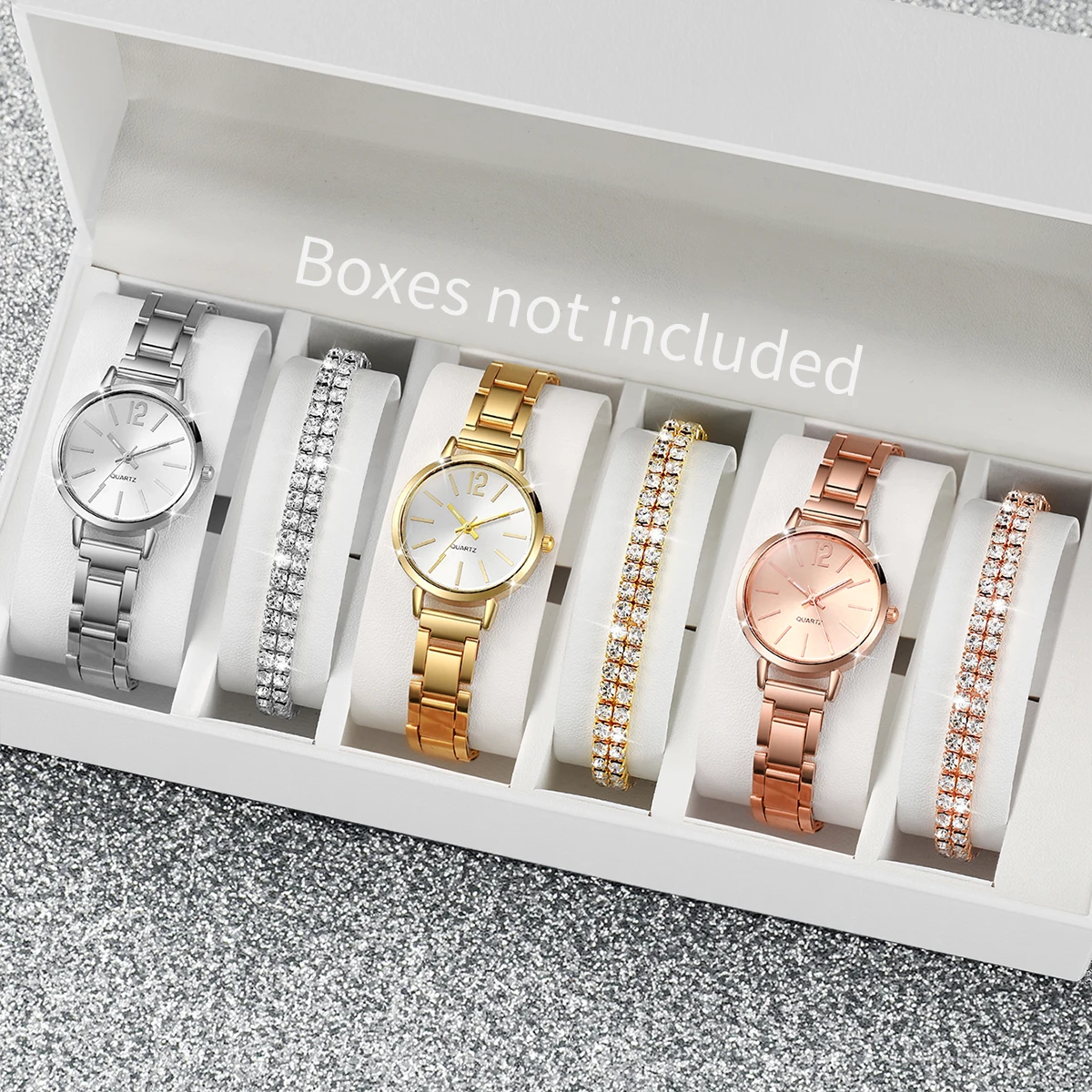 6 Pçs/set Relógio Feminino Moda Banda de Aço Relógios de Quartzo Conjunto de Pulseiras de Diamante (Sem Caixa)