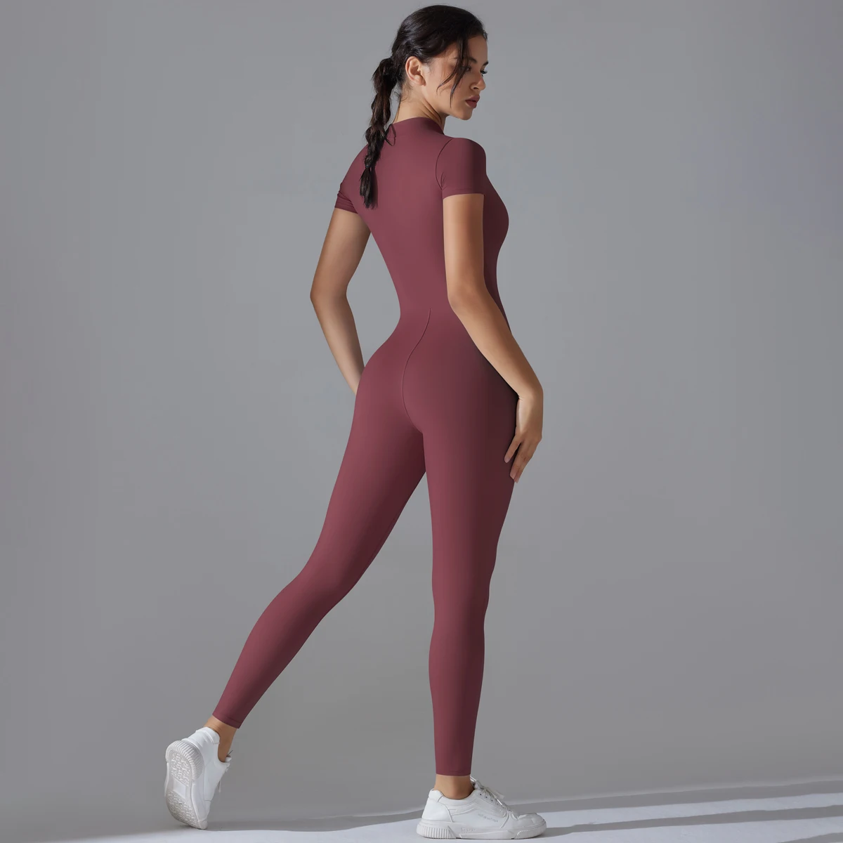 Bodysuit com zíper ioga para mulheres, manga curta, conjunto ioga, shapewear esportivo, cor sólida, nylon, roupa de ginástica, 1 pc