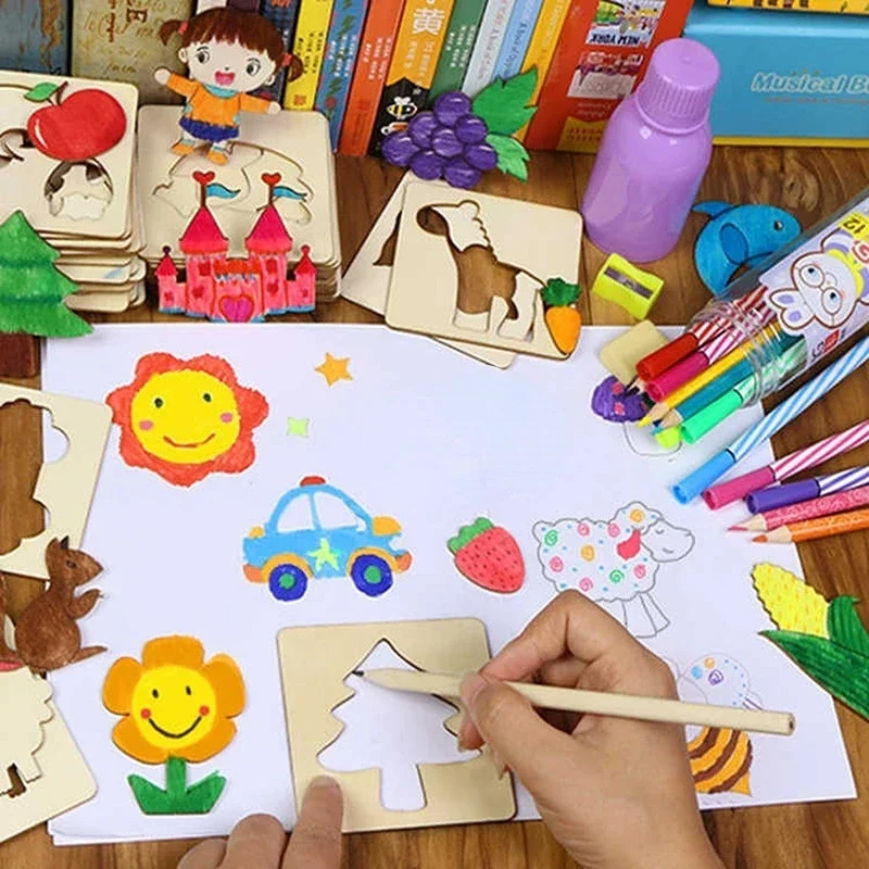 ใหม่ 20/32 ชิ้นเด็กชุดของเล่น DIY ภาพวาดแม่แบบหัตถกรรมไม้การศึกษาสําหรับเด็กอุปกรณ์วาดภาพ