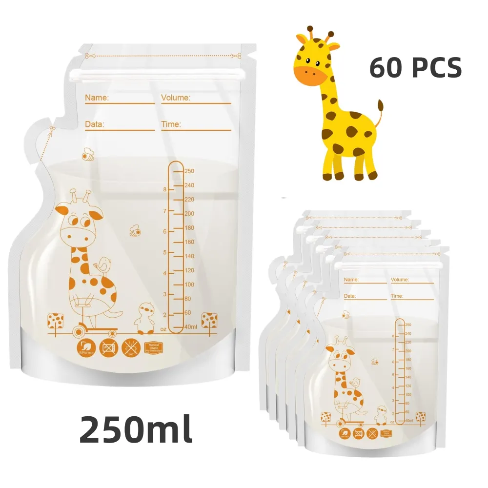 PE 기린 모유 보관 가방, 250ML 팩당 30개/60개, 프리스틱 라벨, BPA 프리, 누출 방지,