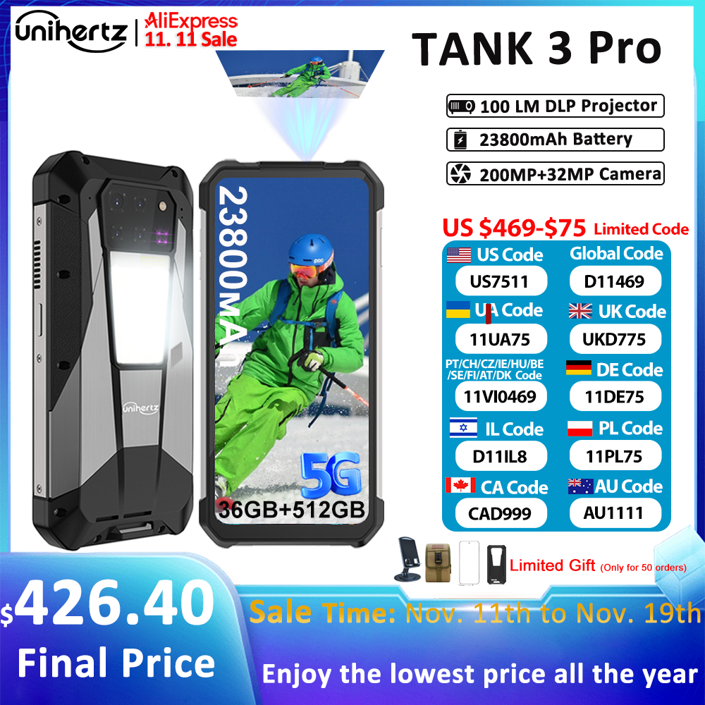 Unihertz Tank 3 Pro 8849 Smartphone resistente android 5G con proyector de 100 lúmenes 32/36GB 512GB 23800mAh teléfonos impermeables de 200MP