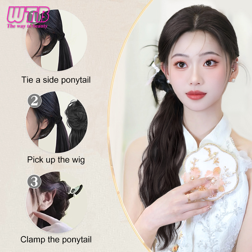 Wtb-合成ポニーテールウィッグ,女性用,サイドウェーブウィッグ,ローポニーテール,魅力的なふわふわのかつら,ヘアクリップ