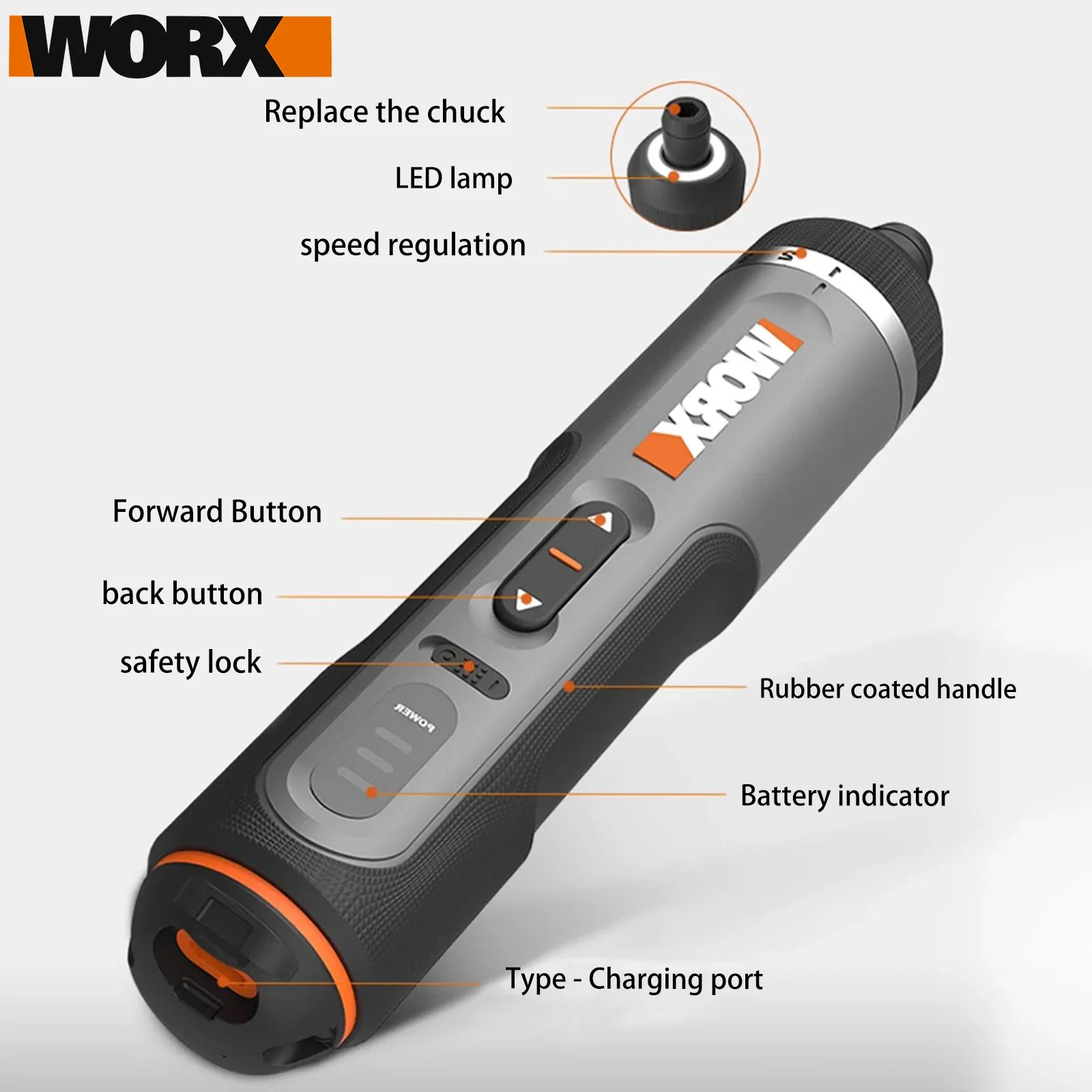 Worx WX242 Elektroschrauber-Set, intelligenter Akku-Bohrschrauber, Schraubendreher, USB-Ladegriff, 30-teiliges Set, Elektroschrauber