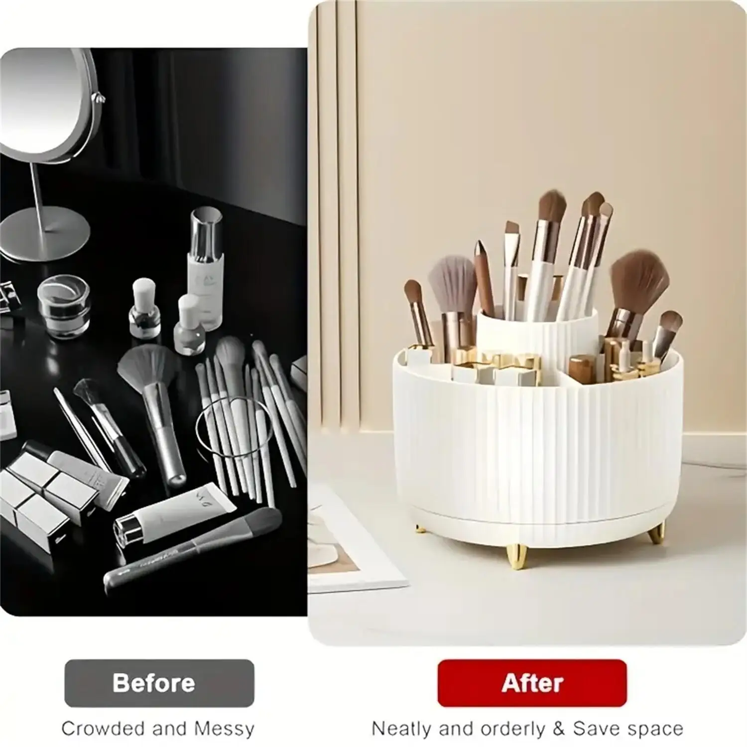 360 °   Organizador de maquillaje giratorio, almacenamiento de cosméticos de plástico de 1 pieza con 5 compartimentos, soporte multifuncional para brochas