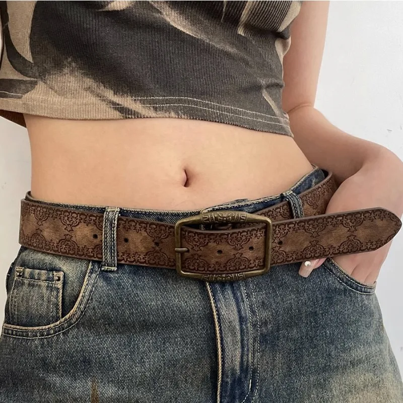 Cinturón con estampado Vintage para mujer, cinturón de estilo étnico versátil, faja de moda de cuero PU, estilo Y2K, hebilla de Pin, pretina para Jeans