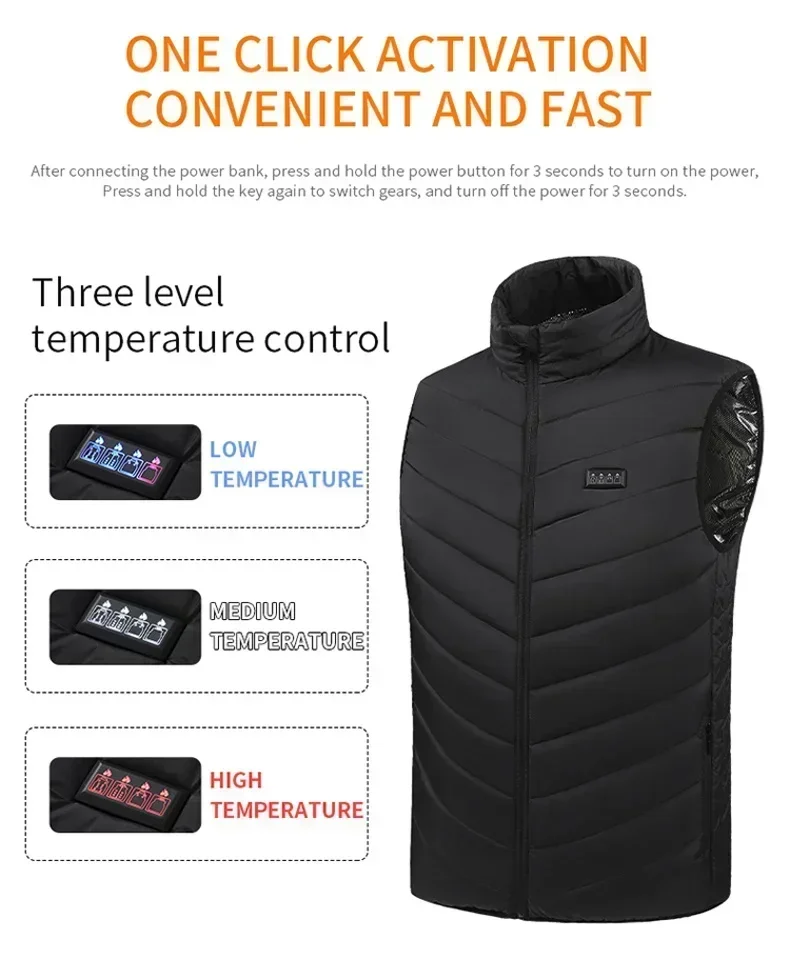 Men's Winter 27 Zone Heating Vest Jacket USB Smart Electric Sleeveless Jacket Self-heating Clothes Women's Snow Warm Padded Coat