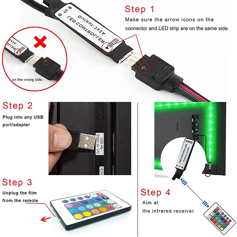 Tira de luz LED 3AA con enchufe USB 5V 5050 SMD lámpara de tira de color flexible, adecuada para tocador de habitación, computadora