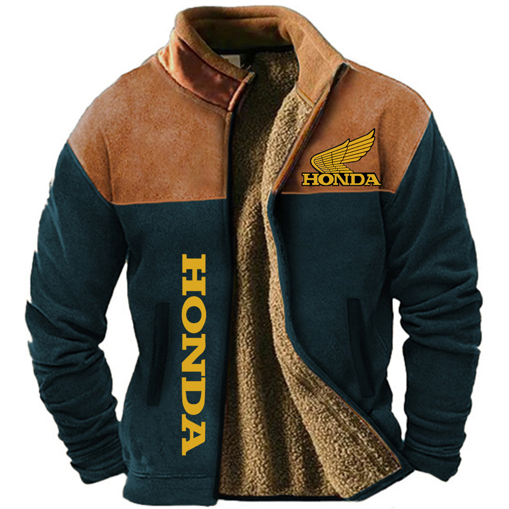 ​​Honda Ethnic Retro Style: Men's Winter Wool Jacket - Windproof Warm Riding Wear for Outdoor Motorcycle Enthusiasts