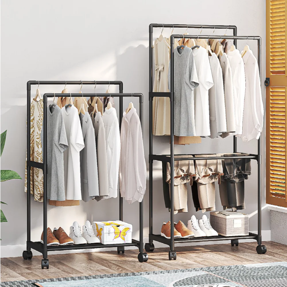 Double Pole Coat Rack Movable Clothes Storage Racks Multi Functional Clothing Hanger Shelves with Wheels Bedroom Stand Wardrobe