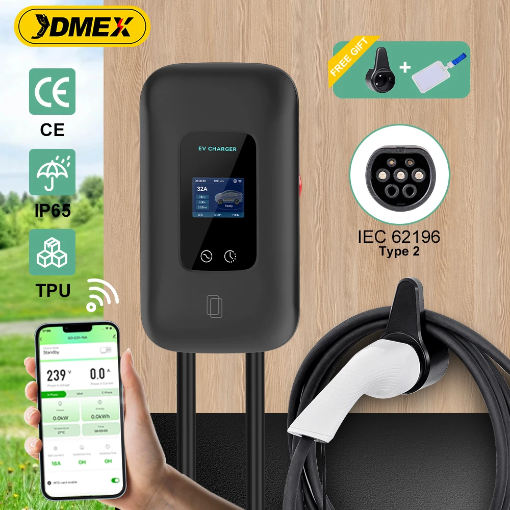 JDMEX EV-laadstation 16/32A Autolader voor elektrische voertuigen EVSE Wallbox Wandmontage 7,6/11/22KW Type2-kabel IEC62196 APP-bediening