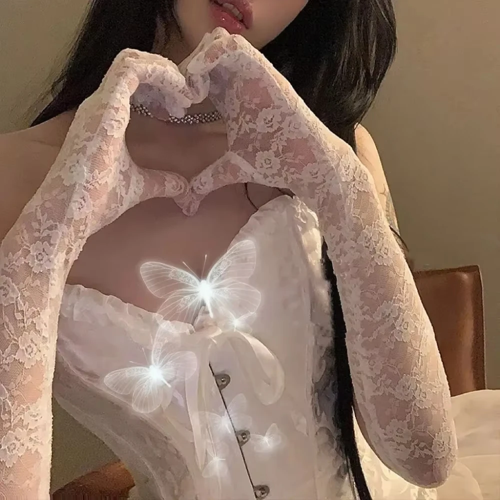 Mesh Fishnet Bowknot Lange Handschuhe für Frauen Spitze Rüschen Fingerlose Handschuhe Fäustlinge JK Lolita Kawaii Weiße Handschuhe UV-Schutz Y2k