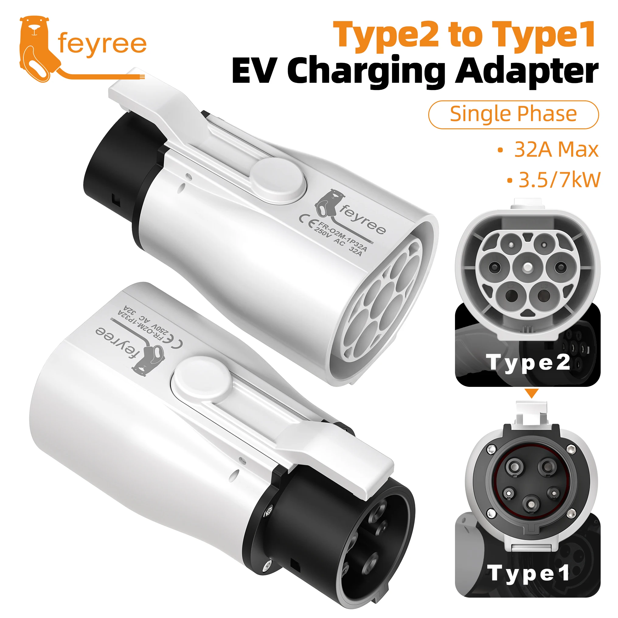 Адаптер feyree Type 2 на Type 1 IEC 62196-2 на J1772 Адаптер зарядного устройства EV для зарядки электромобиля 16A 32A Однофазный