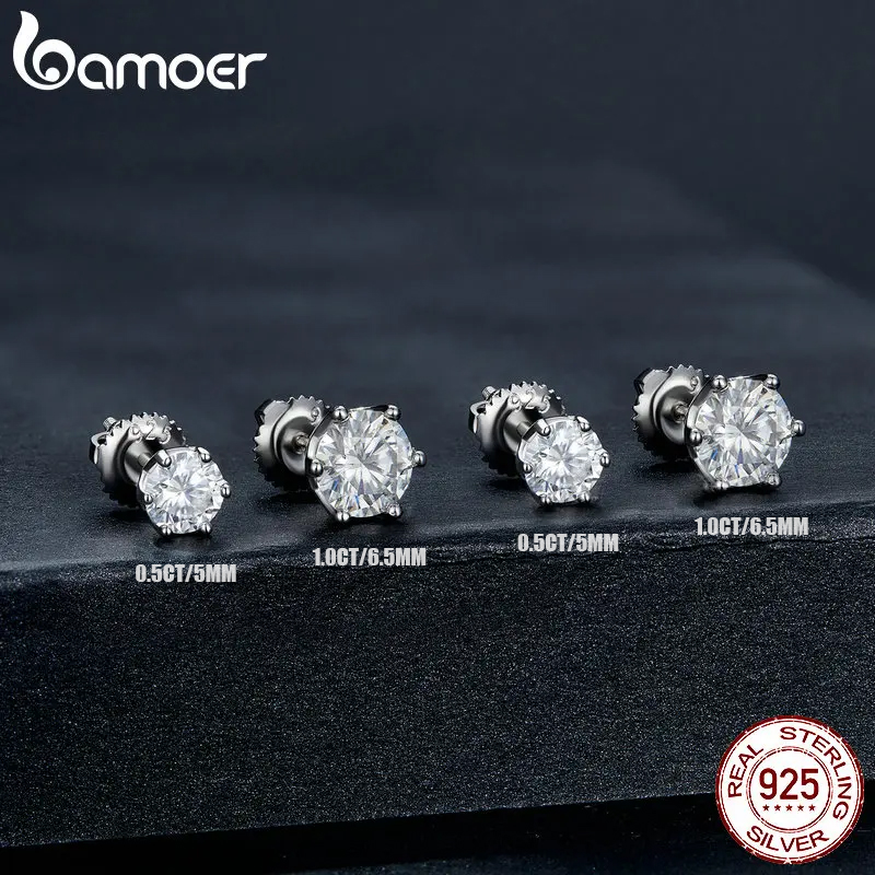 BAMOER Pendientes clásicos de moissanita, plata S925, color D, brillante, corte redondo, pendientes de compromiso de boda con diamantes creados en laboratorio