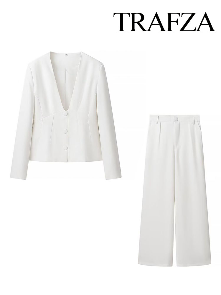TRAFZA Damen 2-teiliges Set mit V-Ausschnitt, einreihig, langen Ärmeln, Blazer, Mantel + modische Hose mit hoher Taille und Seitentaschen