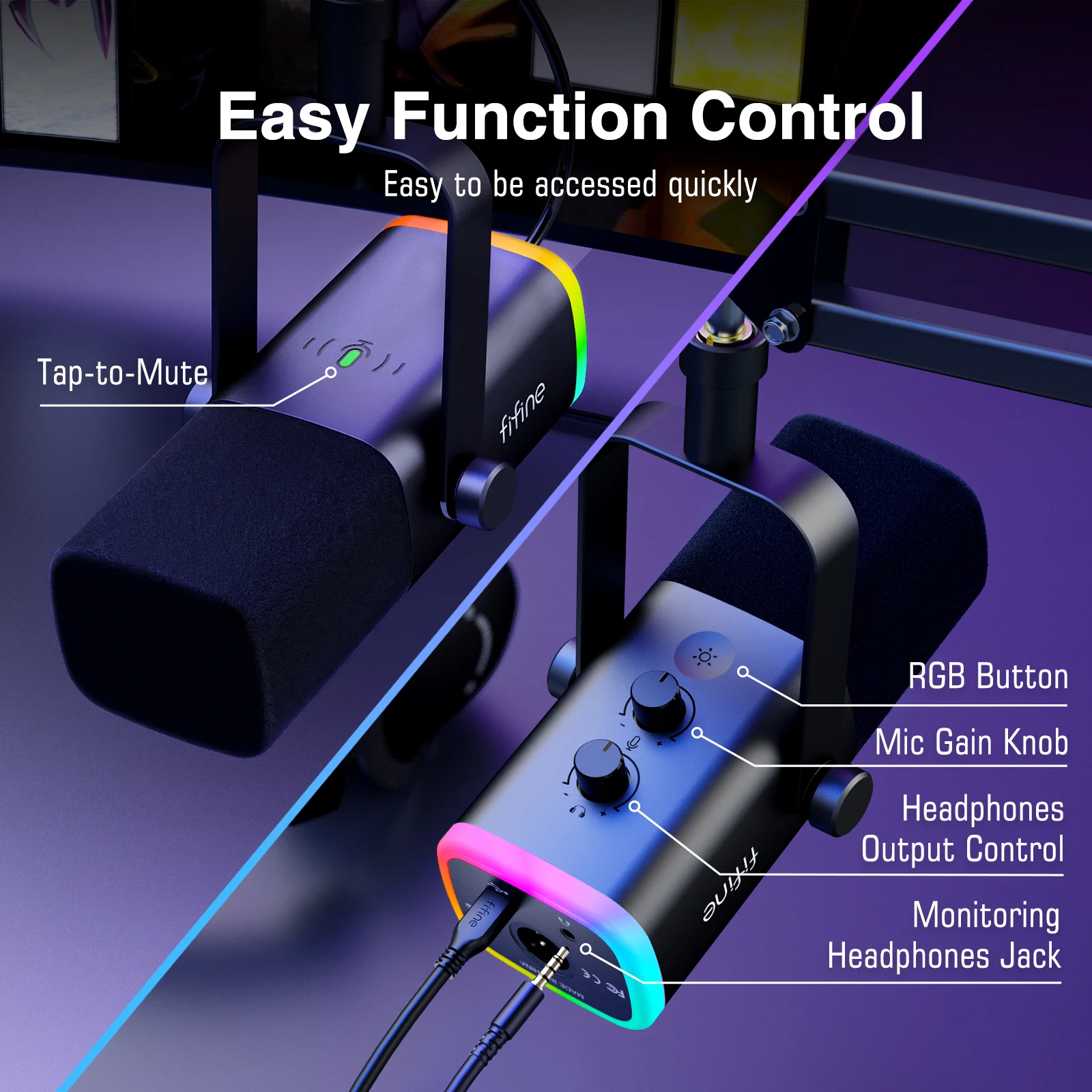 Zestaw mikrofonu gamingowego FIFINE XLR/USB z gniazdem słuchawkowym/wyciszaniem/RGB/stojakiem, zestaw mikrofonu dynamicznego do miksera PC PS5/4 AmpliGame AM8T