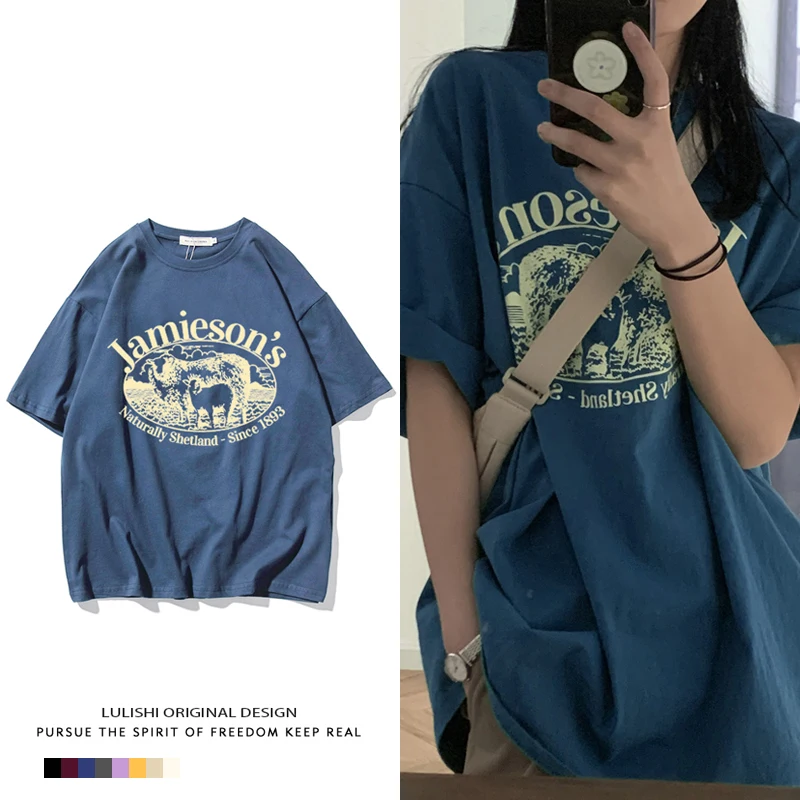 Cseta de manga corta hoada de estilo coreano para mujer, estilo vintage de verano, con estampado de texto creativo