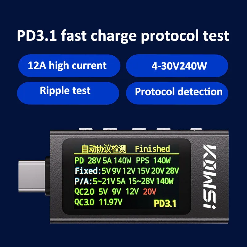 KWS-X1 4V-30V 12A tipo C voltímetro amperímetro TYPE-C detección de carga rápida medición de capacidad de disparo medición de ondulación