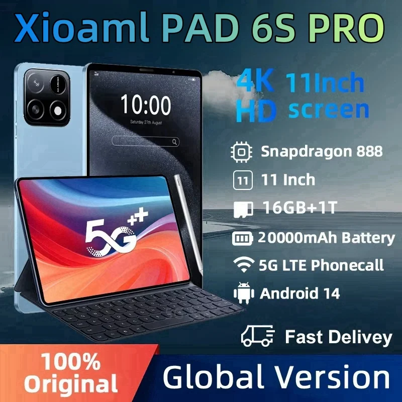 XIoamMi-Tableta 6S Pro de 11 pulgadas, Tablet de 16GB + 1T, HD, 4K, 2024 mAh, Android 14, 5G, SIM Dual, llamadas telefónicas, WiFi, GPS, 20000