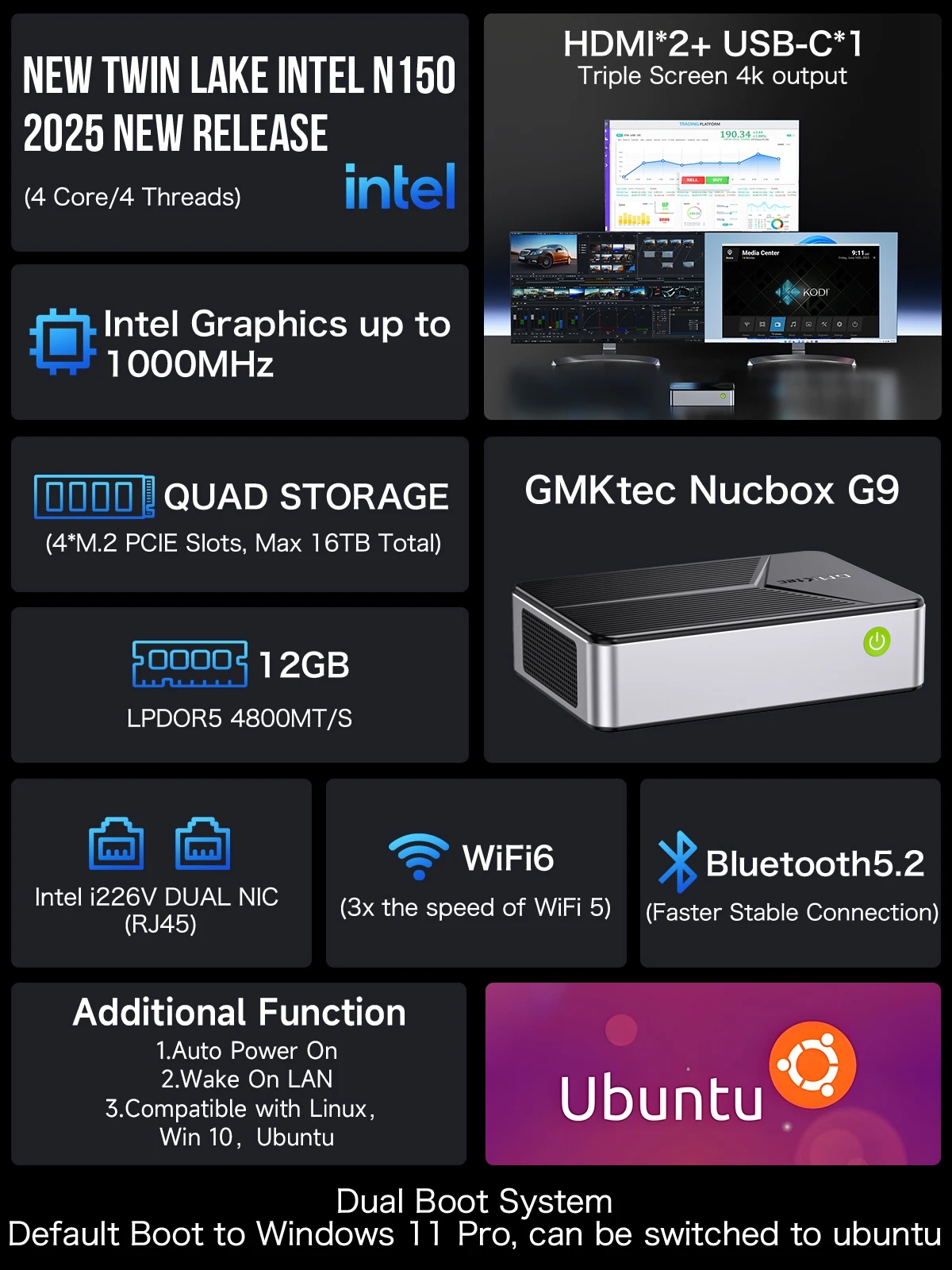 GMKtec Nucbox G9 MINI NAS New Mold Intel N150 MINI PC Windows 11 Pro LPDDR5 M.2 2280 SSD WIFI6 BT5.2 Dual Triple Screen