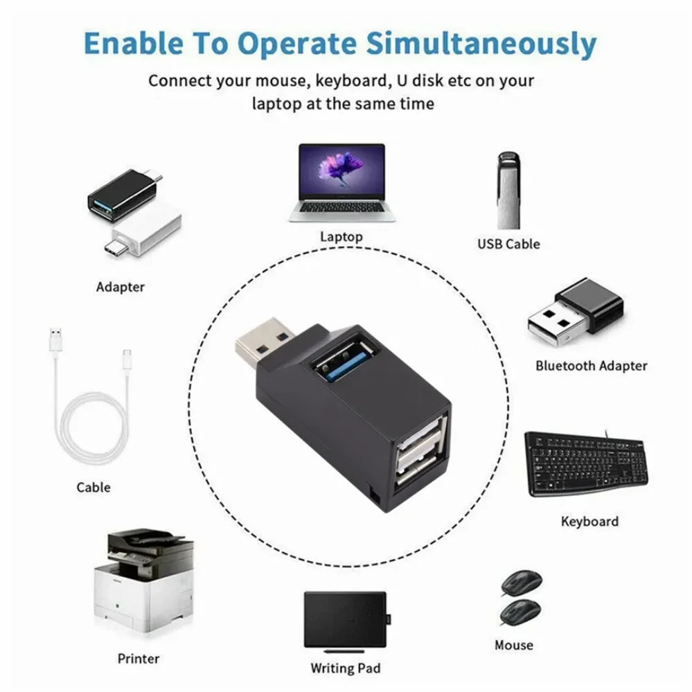 PzzPss USB Hub 2,0 adaptador giratorio de alta velocidad U lector de disco divisor 3 puertos USB 2,0 para ordenador PC portátil Mac Mini Accesorios