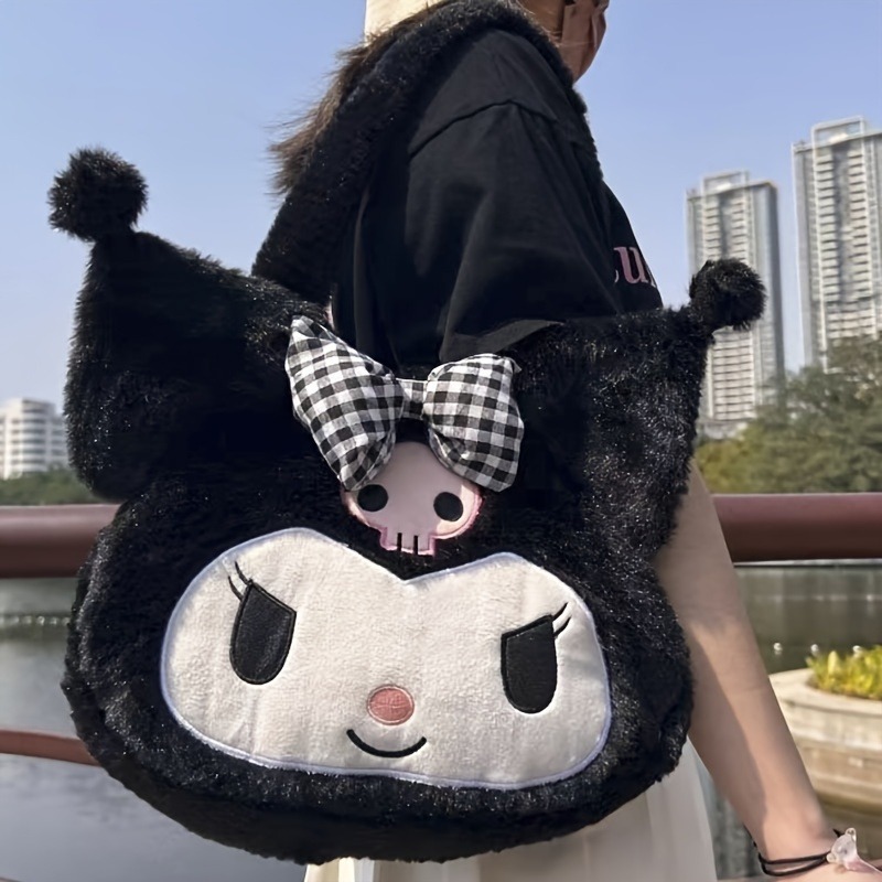 สาวขนาดใหญ่ความจุการ์ตูนอะนิเมะ COZY Fluffy Tote กระเป๋า,Kuromi Plush Tote & กระเป๋าสะพาย,Cinnamoroll Melody Faux FUR กระเป๋าถือ