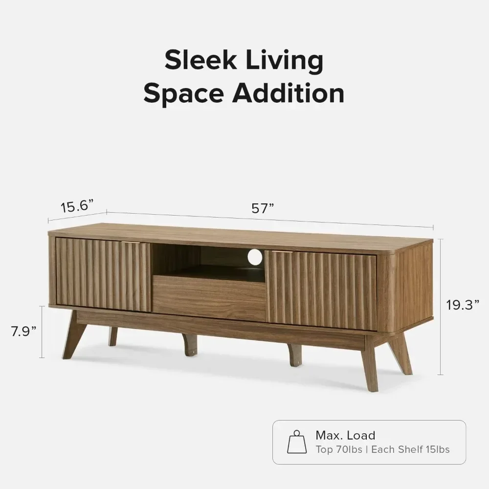 Brooklyn Mid-Century Modern TV Stand, for TVs up to 50” Waveform Panel, Sleek Curved Profile with Adjustable Shelf and Stu