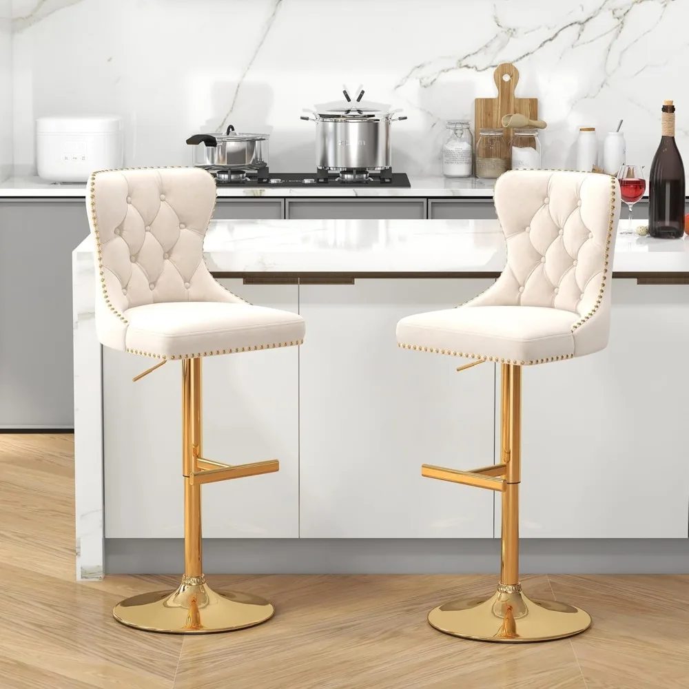 Bar Stools Set of 2, Velvet Swivel Counter Height Stools with Tufted Back, Adjustable Seat with Nailheads Trim, Upholstered Bar