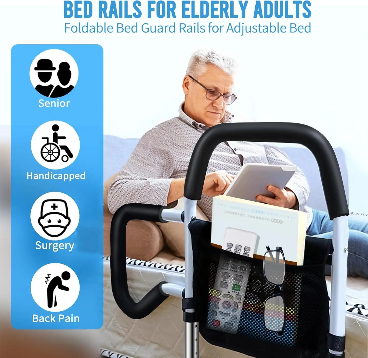 Bed Rails for Elderly Adults Safety, Foldable Bed Guard Rails for Adjustable Bed, Non-Wobble Bed Assist Bar for Seniors F