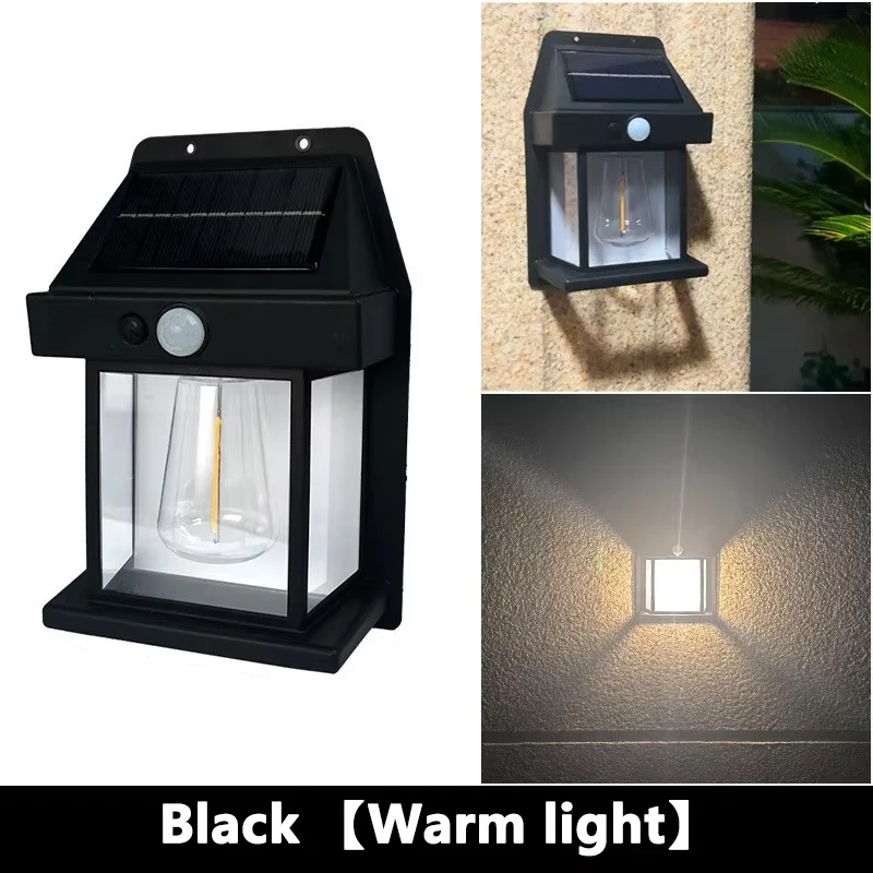 Luz de pared solar de tungsteno para exteriores con sensor de movimiento, luz de seguridad LED impermeable IP65 para patio/puente/portico/panneña/balcón