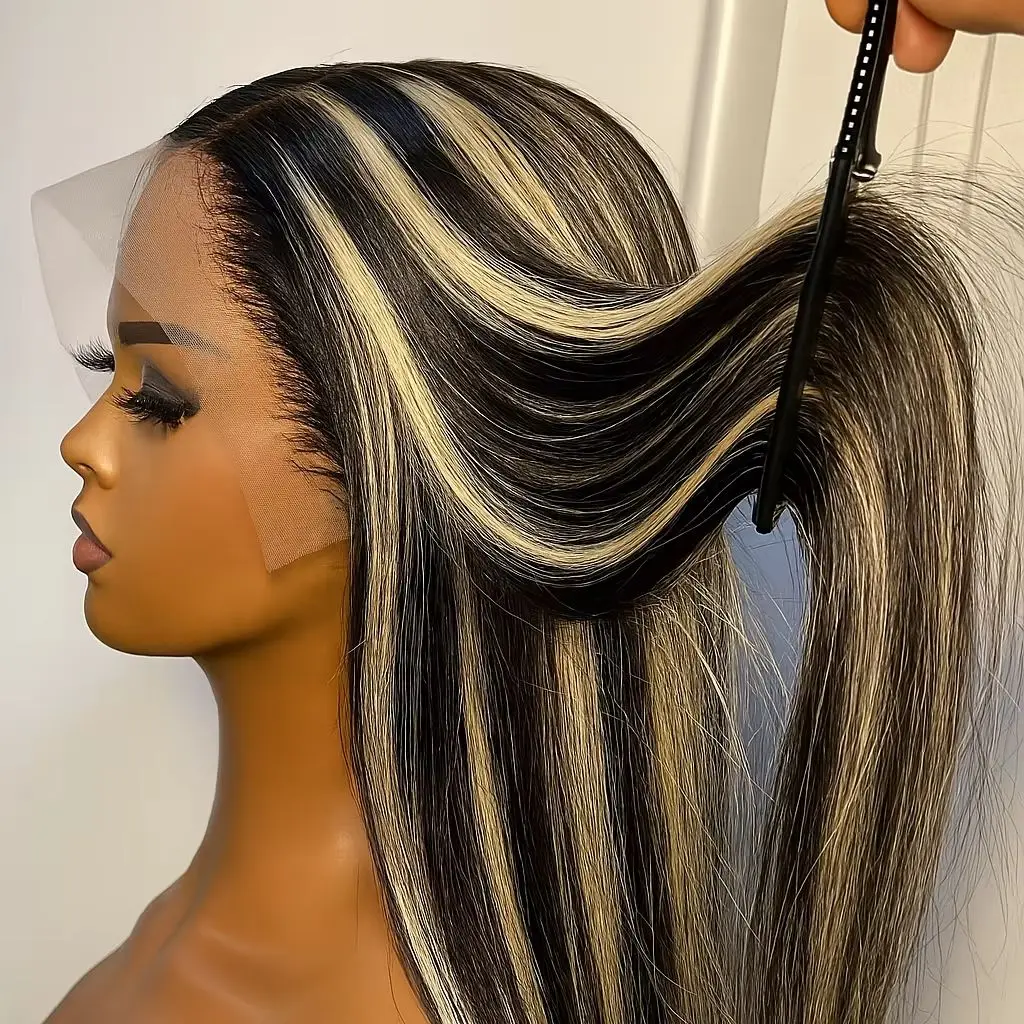 1b/27 destaque em linha reta 13x4 peruca frontal do laço cabelo humano brasileiro pré arrancado ombre loira colorido perucas dianteiras do laço para mulher
