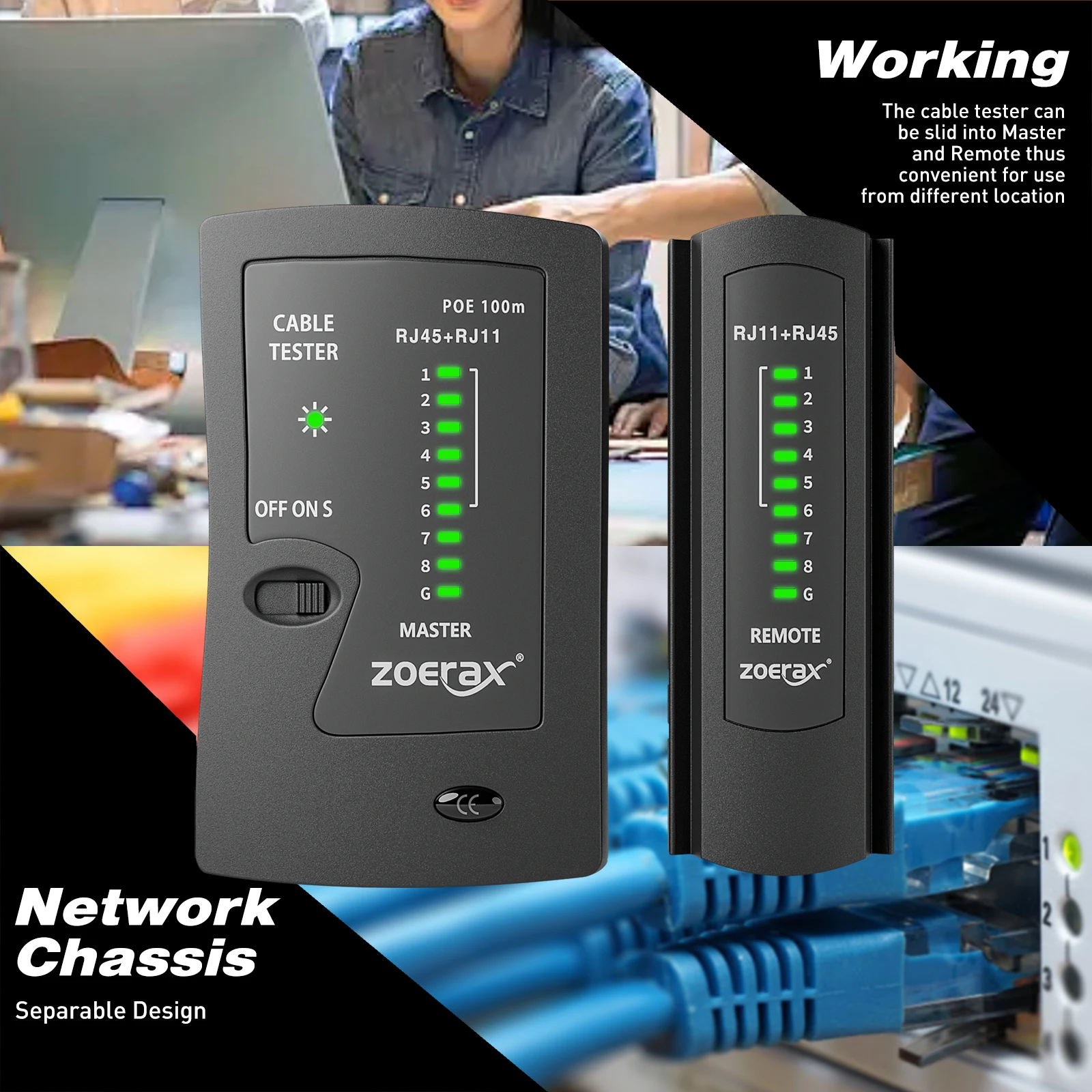 Тестер сетевого Ethernet-кабеля ZoeRax для LAN RJ45 Cat5 Cat5e Cat6 Cat6a Cat7 UTP/экранированного кабеля и RJ11 RJ12