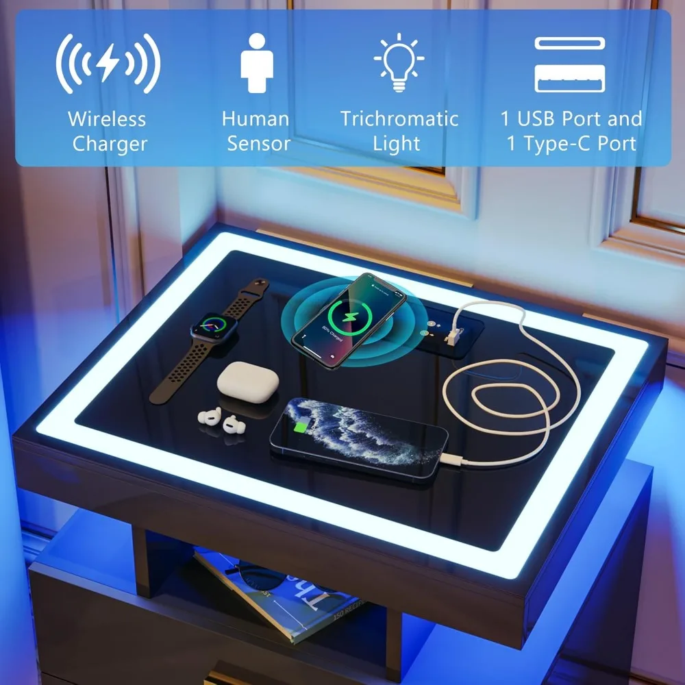 LED Nightstand with Wireless Charging Station, Auto Sensor 3 Color Dimmable Night Stand, Modern Bedside Table with 3 Drawers &