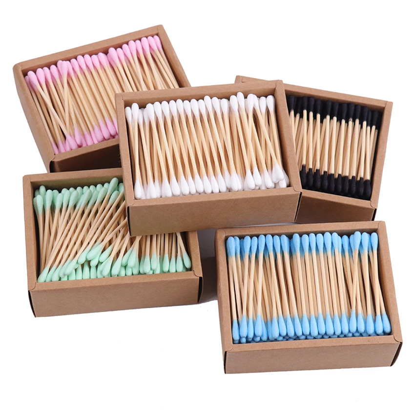 200 unids/caja hisopo de algodón de doble cabeza maquillaje de mujer palos de bambú de algodón limpieza de orejas herramienta de limpieza de cuidado de la salud