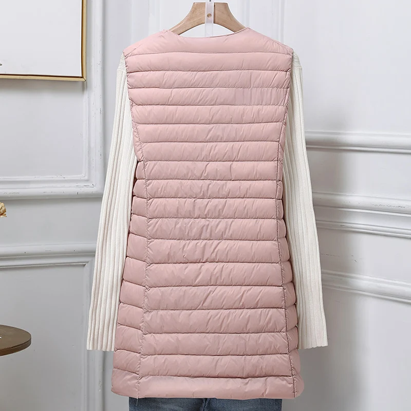 Siêu Nhẹ Di Động Nóc Áo Vest Nữ Dài Collarless 2022 Mới Thu Đông Vịt Xuống Áo Không Tay Nút Lông Lót