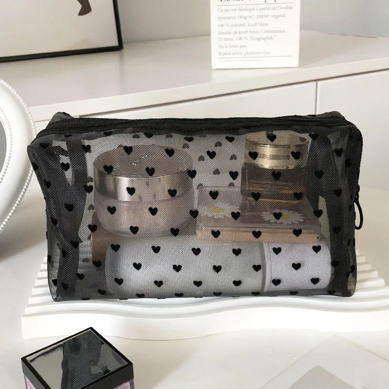 Bolsa de almacenamiento para el baño y cosméticos para mujer, neceser para mujer, lápiz labial, llaves, organizador de monedas, bolso de maquillaje de malla transparente con forma de corazón