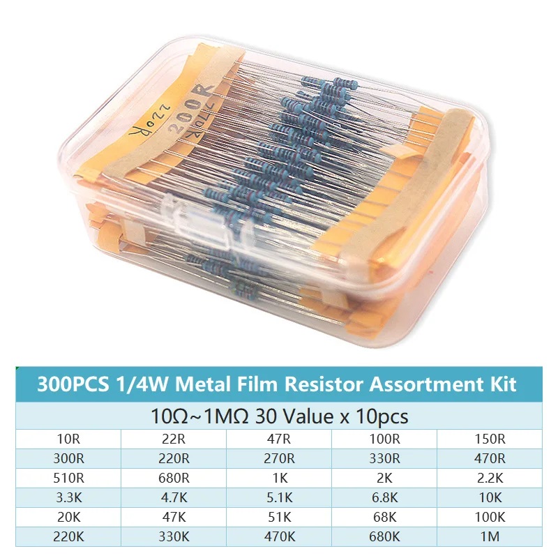 300/600PCS 1/4W Kit de resistencias de película metálica Resistencia 1% 30 valores 10 Ohm ~ 1M 0,25 w Juego de resistencias