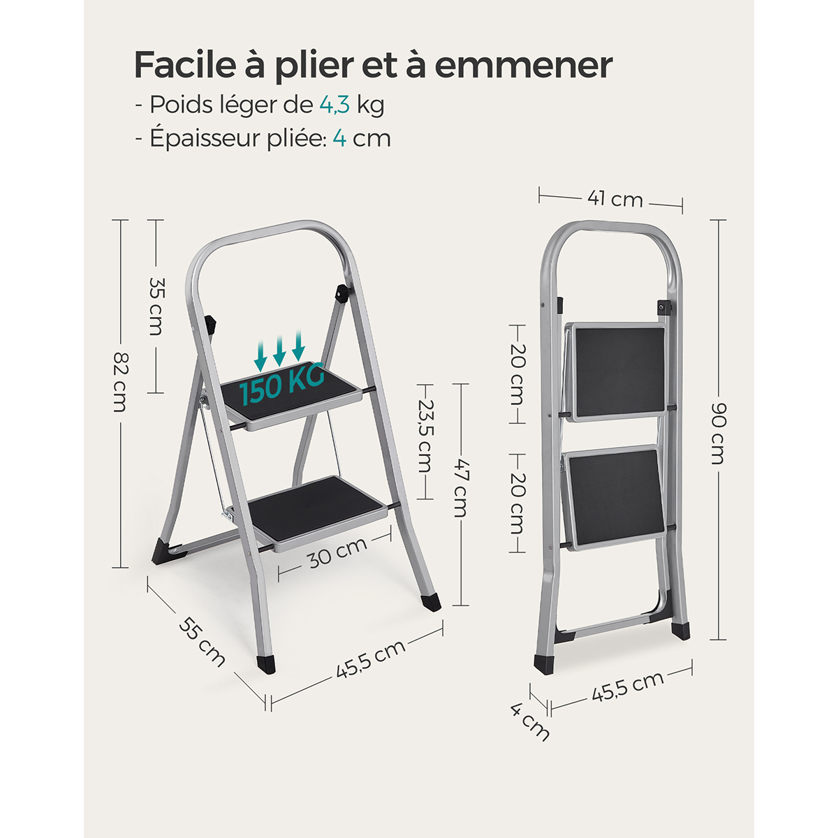 Escabeau pince à 2 marches bly GMICS - Charge 150 kg - Gris