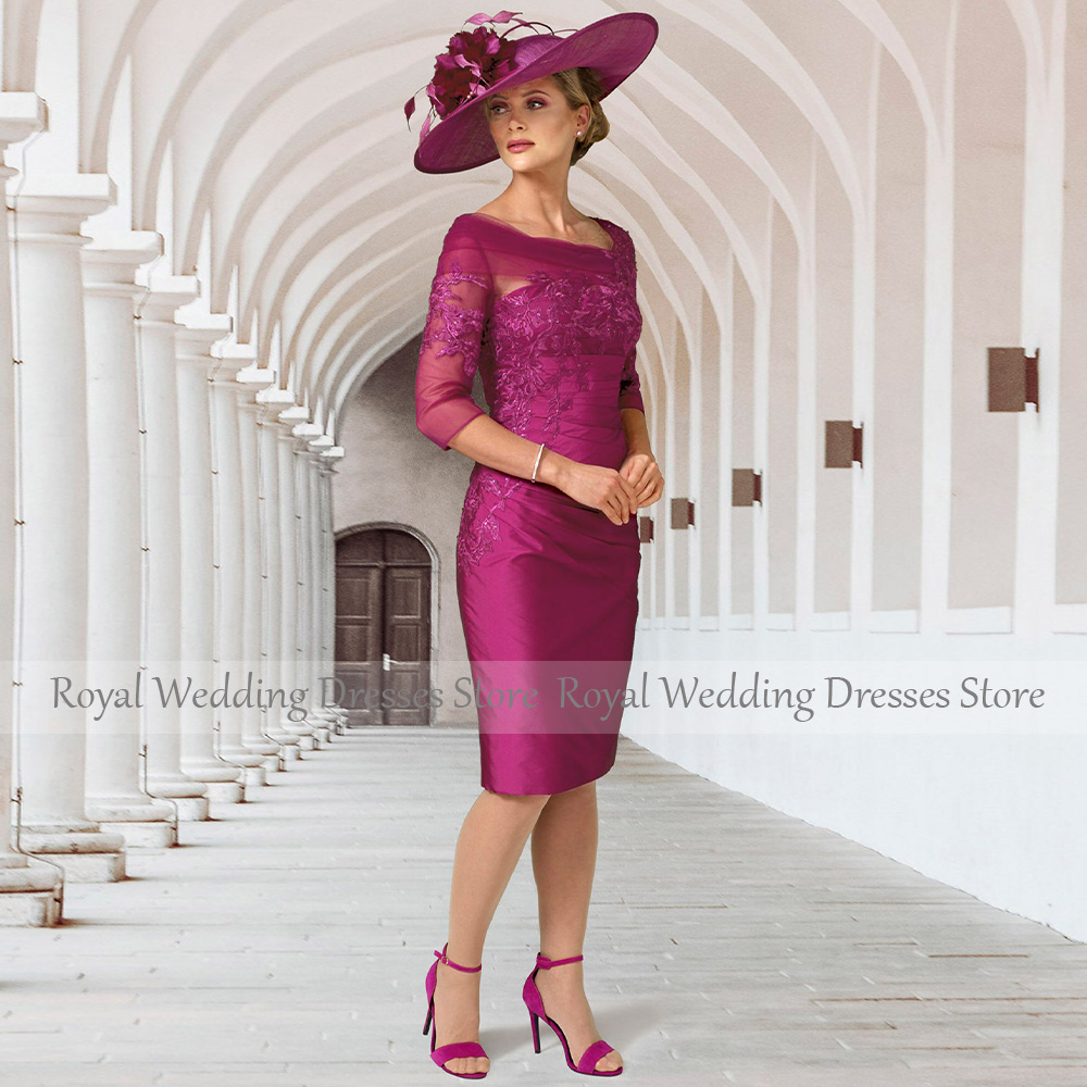 Silber Mutter der Braut Kleider Knielangen 3/4 Ärmeln Elegante Hochzeit Gast Kleider Mantel/Spalte Applique Kurze Party kleid