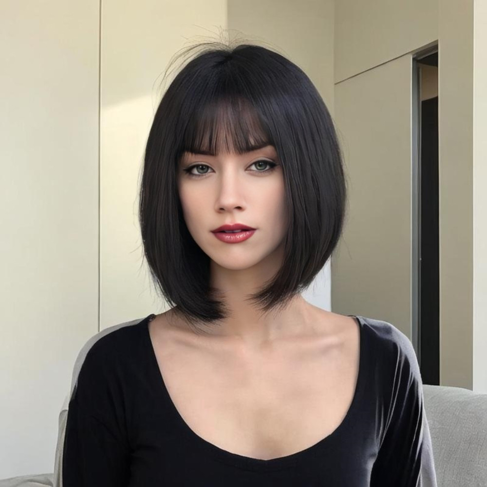 Peluca sintética de cabeza Bobo de longitud corta para mujer, flequillo fresco a la moda, cubierta completa para la cabeza, pelo Artificial negro