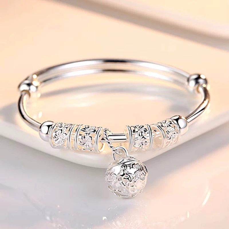 Fine 925 Sterling Silver Hollow Bells Ball Bangles Adjustable Bracelets for Women Fashion Holiday Gifts Party Wedding Jewelry