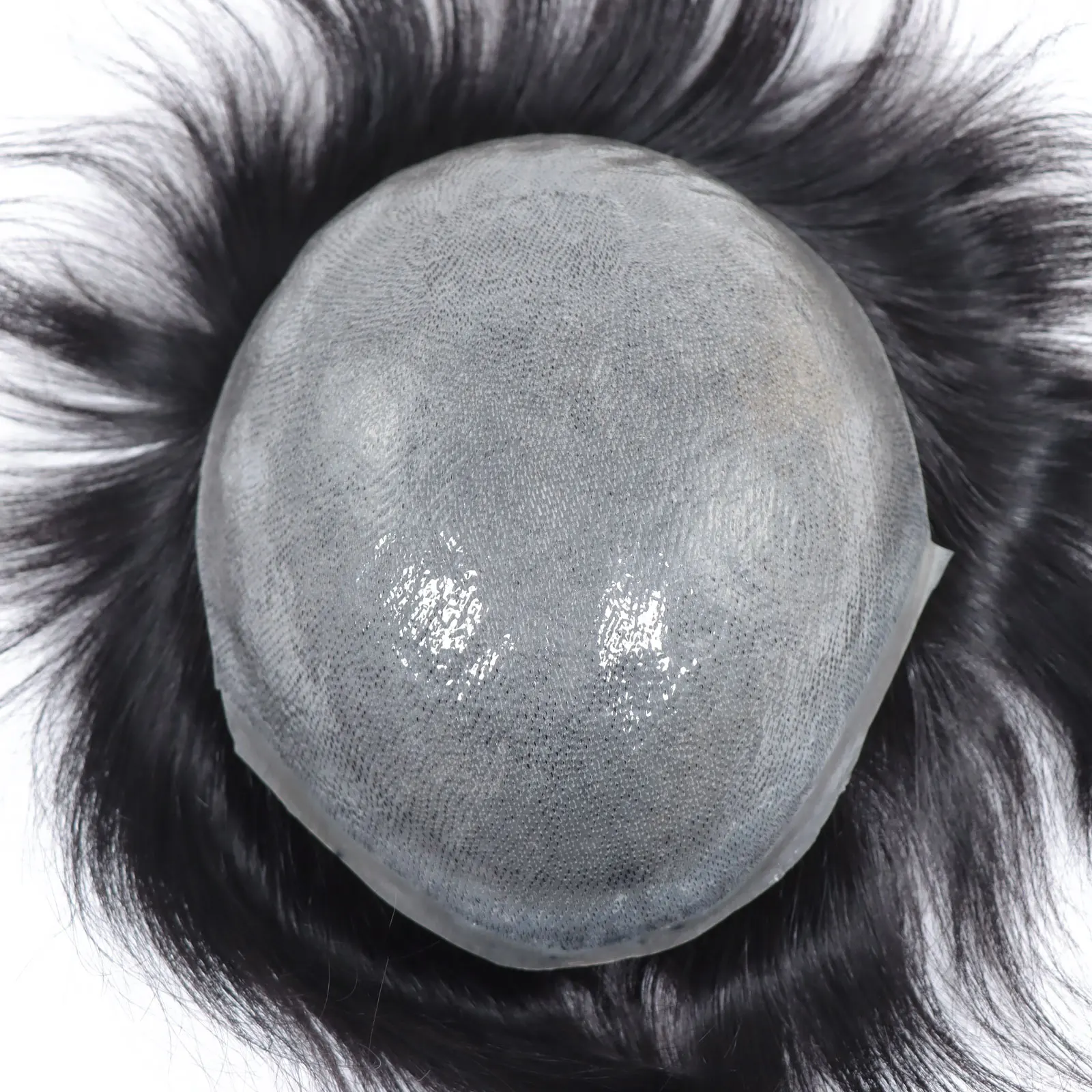 0,08 mm Voll-PU-Herren-Kapillarprothese-Haut-Toupet, 100 % Echthaar, männliche Perücken für Männer, Haarsystem, natürliches Schwarz, 20,3 x 25,4 cm