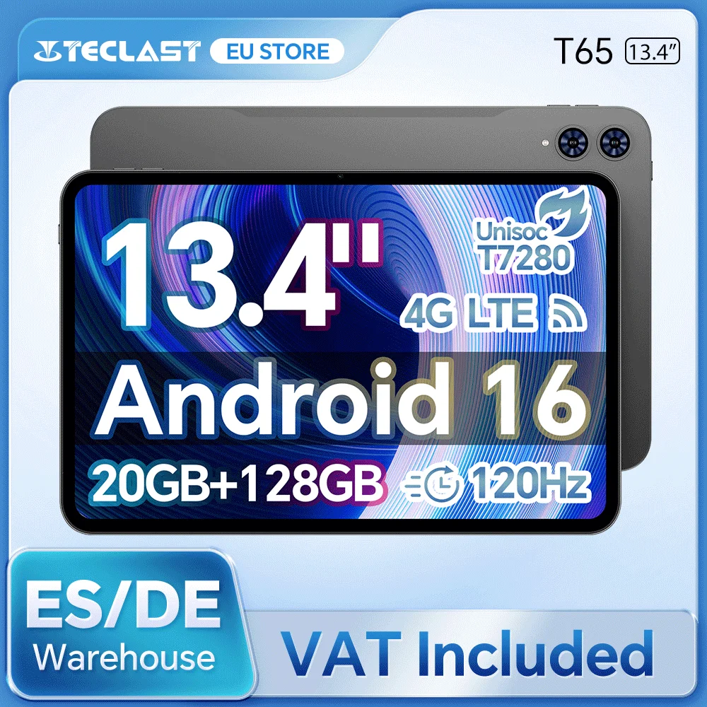 Tablet Teclast T60 12" Android 14, Pantalla 2K 90Hz, UNISOC T620, Max 20GB RAM, 256GB ROM, 8000mAh, Carga Rápida 18W, Widevine L1, 4G LTE, GPS